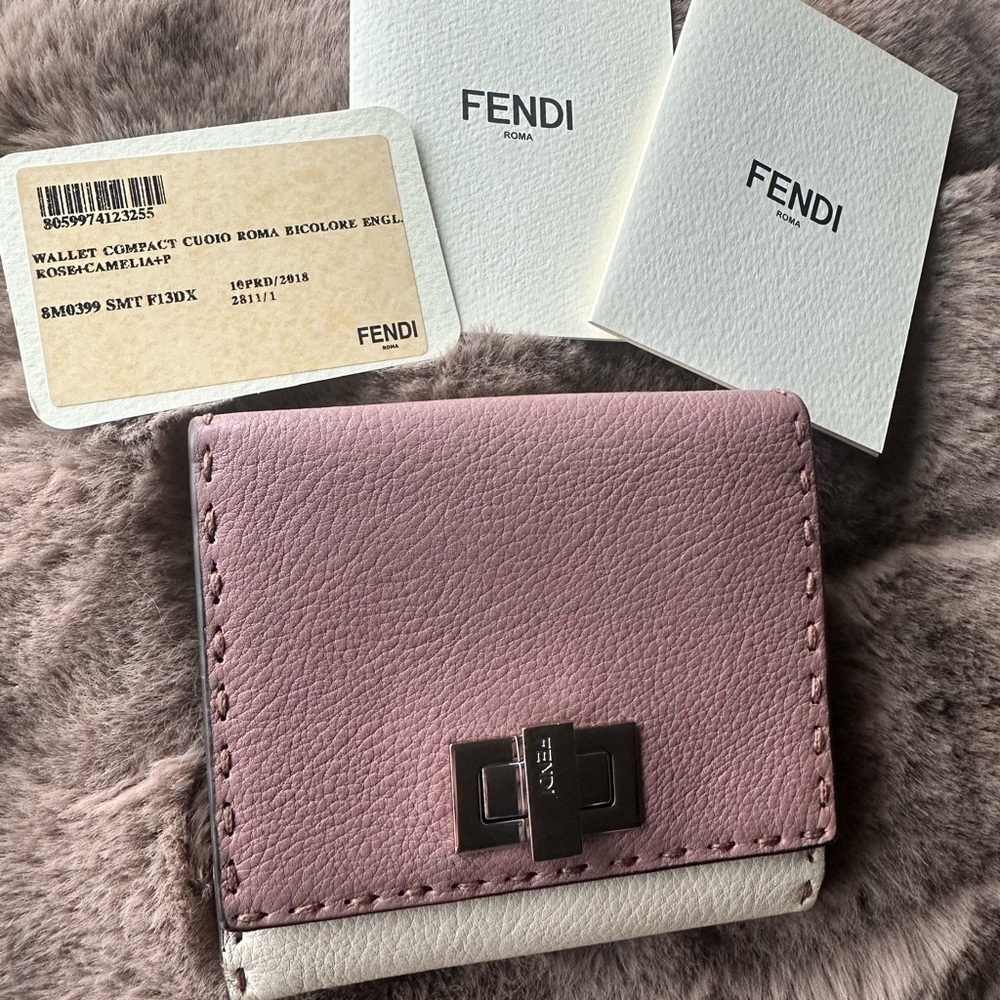 Fendi Compact Peekaboo Bi-Fold, Bi-Color in Pink Rose Camelia and White Selleria - Picture 10 of 11